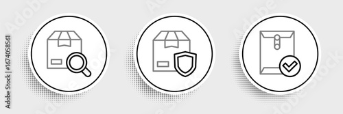 Set line Envelope and check mark, Search package and Delivery security with shield icon. Vector