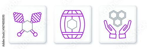 Set line Honeycomb and hands, dipper stick and Wooden barrel with honey icon. Vector