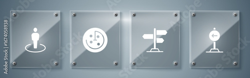 Set Traffic sign turn left, Road traffic, Radar with targets on monitor and Location person. Square glass panels. Vector