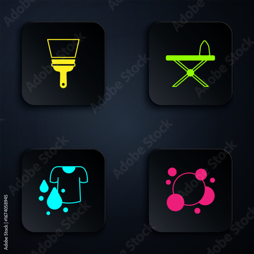 Set Soap water bubbles, Rubber cleaner for windows, Dirty t-shirt and Iron and ironing board. Black square button. Vector