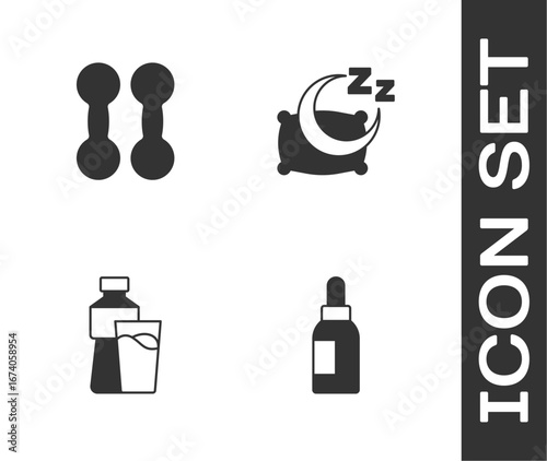 Set Essential oil bottle, Dumbbell, Bottle of water with glass and Time to sleep icon. Vector