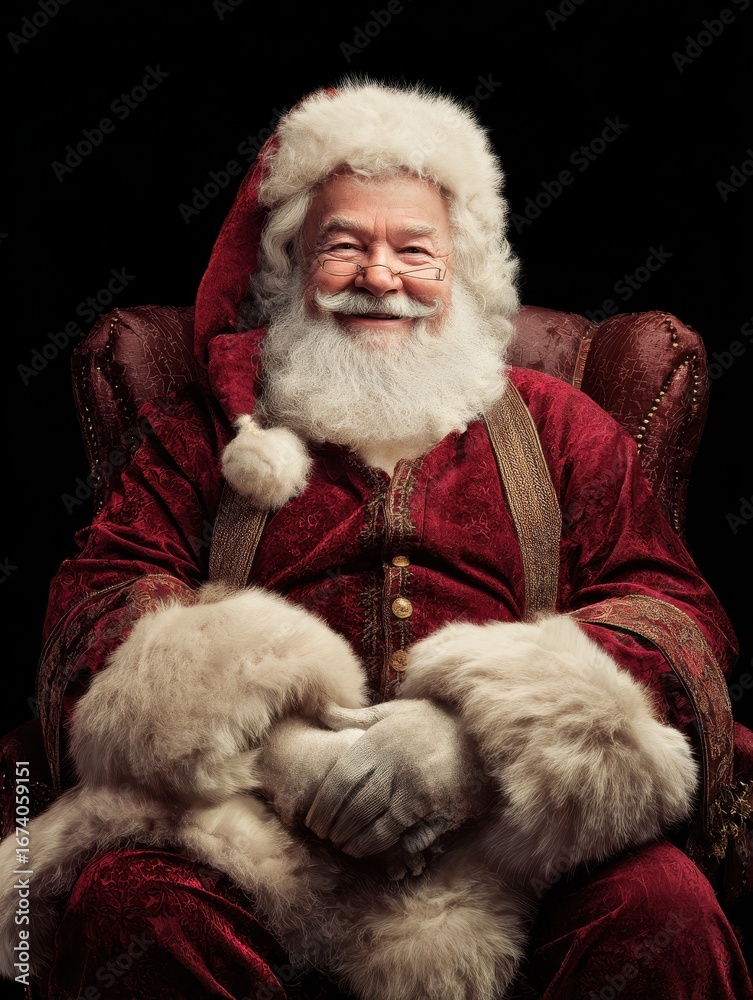 Obraz premium smiling santa claus on a chair in black background festive christmas holiday portrait