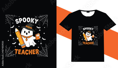 Spooky teacher halloween t shirt design with ghost holding pencil