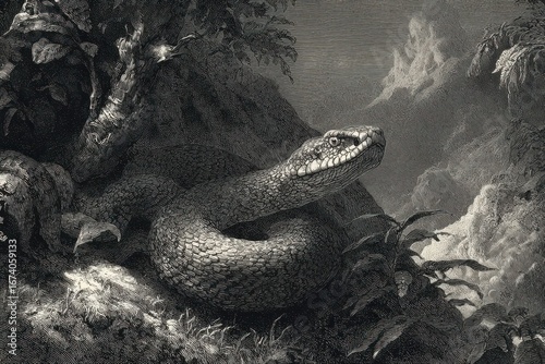 Bronze Snake. The Brazen Serpent Reproduction, Biblical Illustration by Gustave Dore, London 1883