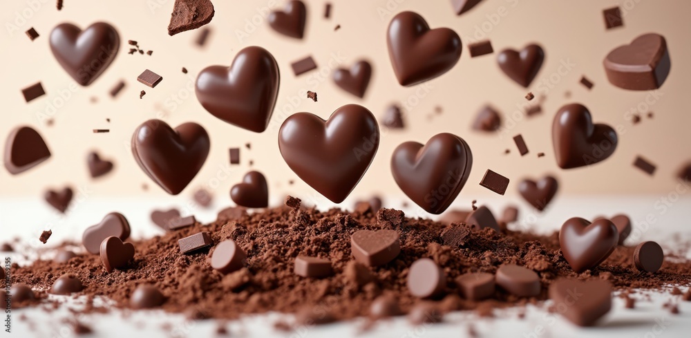 Fototapeta premium Heart shaped chocolates falling into a pile of chocolate shavings