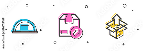 Set Warehouse, Carton cardboard box and Unboxing icon. Vector