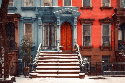 Brooklyn Winter. Colorful Brownstone House with Snow-covered Stoops in New York City