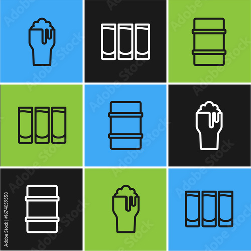 Set line Glass of beer, Metal keg and Shot glass icon. Vector