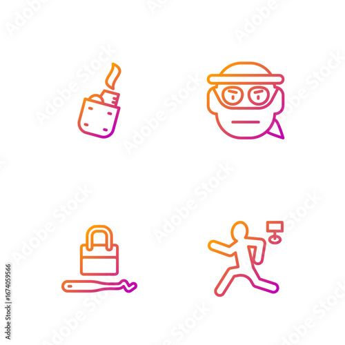 Set line Murder, Lock picks for lock picking, Lighter and Bandit. Gradient color icons. Vector