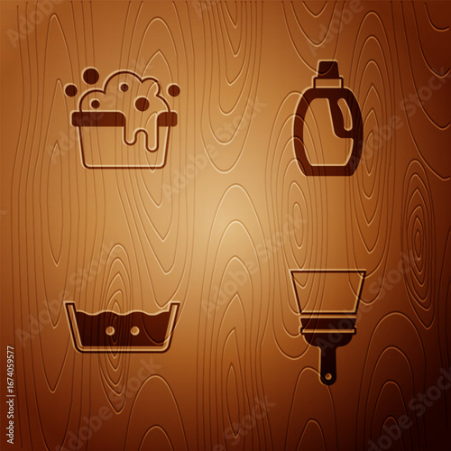Set Rubber cleaner for windows, Basin with soap suds, Temperature wash and Bottle cleaning agent on wooden background. Vector