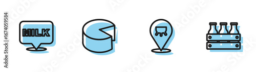 Set line Udder, Lettering milk, Cheese and Bottled wooden box icon. Vector