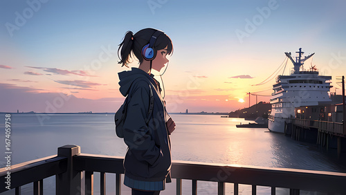 Anime Girl with Headphones Watching Sunset by the Harbor