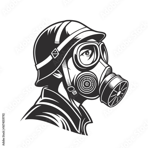 Intricate Black and White Illustration of a Person Wearing a Gas Mask and Helmet, Symbolizing Protection
