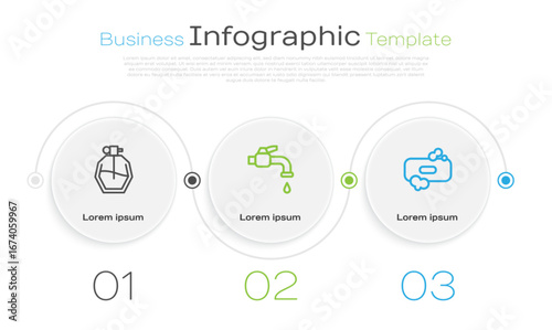 Set line Perfume, Water tap and Bar of soap. Business infographic template. Vector