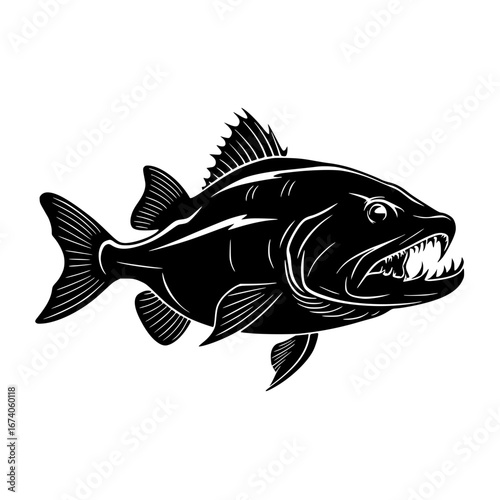 Fierce black bass illustration with sharp teeth and aggressive stance perfect for fishing logos and adventure themes.
