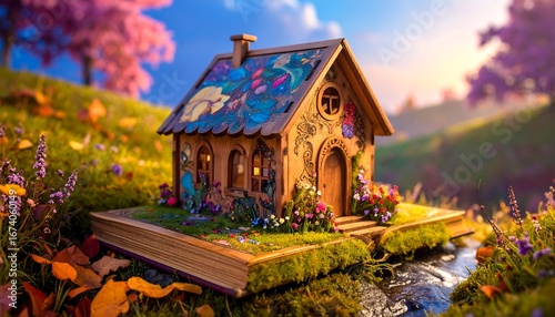 Miniature wooden house on a book in a magical landscape