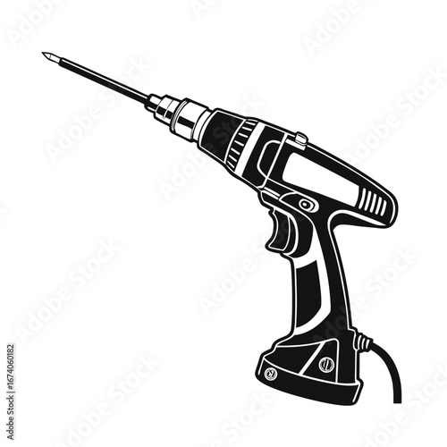 Monochrome vector illustration of a corded electric power drill with a long screwdriver bit isolated on a white background