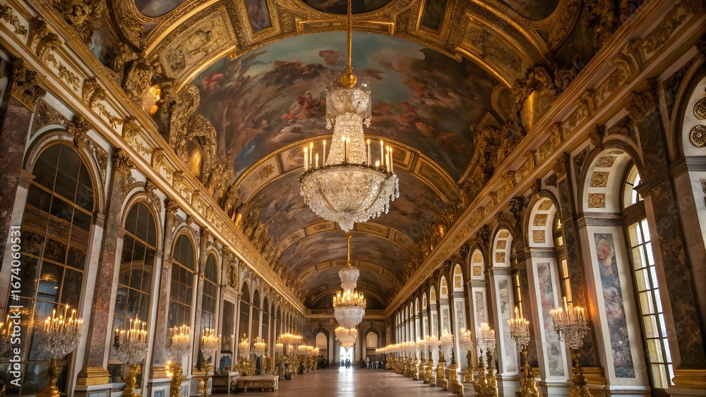 Opulent Palace Interior with Grand Chandeliers and Ornate Baroque Architecture Opulent Palace Interior with Grand Chandeliers and Ornate Baroque Architecture