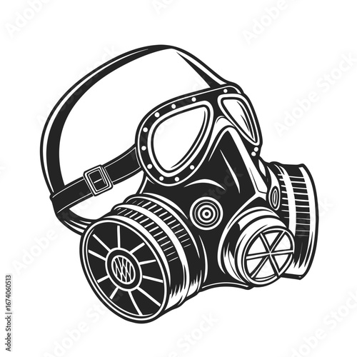 Black and white protective gas mask vector illustration. Vintage industrial respirator safety equipment concept isolated on a white background