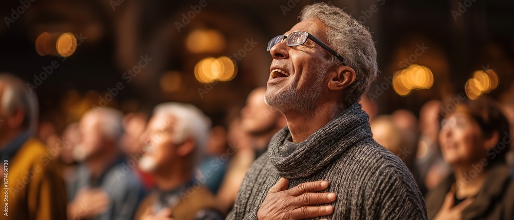 Obraz premium Congregation worshiping with their hands while attending an evangelical church service