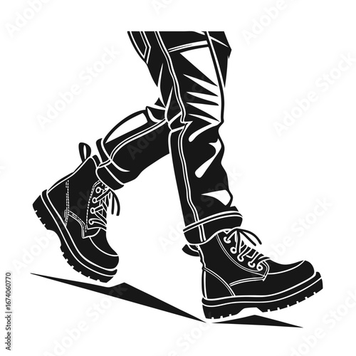 Vector silhouette icon of a person's legs walking in sturdy work boots. Monochrome graphic illustration of a step in heavy-duty footwear