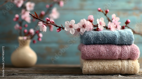 Tranquil spa scene: Soft towels and delicate cherry blossom branches
