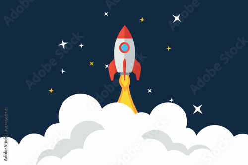 Colorful cartoon vector illustration: rocket launch into space with stars and clouds