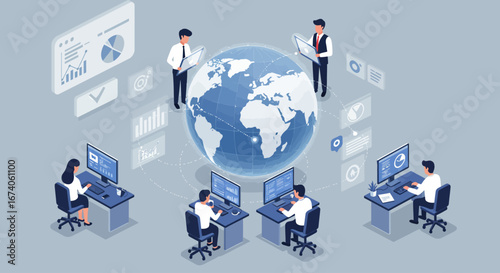 This flat design illustration depicts a diverse team collaborating remotely across continents on a digital globe, symbolizing international tech talent integration and global project management.
