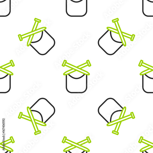 Line Knitting icon isolated seamless pattern on white background. Wool emblem with knitted fabric and needle. Label for hand made, knitting or tailor shop. Vector