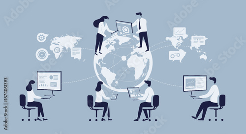 This flat design illustration depicts a diverse team collaborating remotely across continents on a digital globe, symbolizing international tech talent integration and global project management.