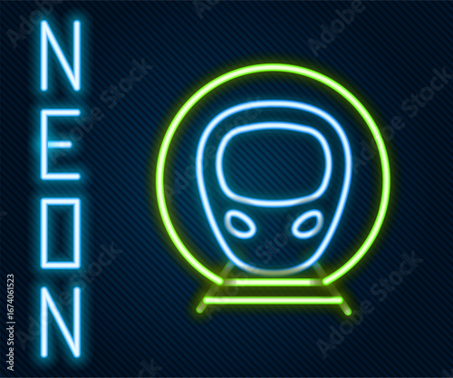 Glowing neon line Train and railway icon isolated on black background. Public transportation symbol. Subway train transport. Metro underground. Colorful outline concept. Vector