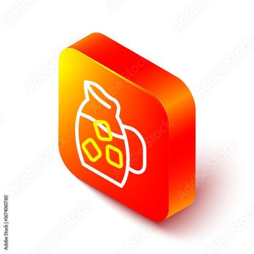 Isometric line Jug glass with water icon isolated on white background. Kettle for water. Glass decanter with drinking water. Orange square button. Vector