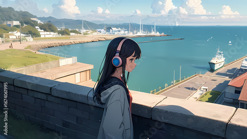 Anime Girl with Headphones by the Ocean