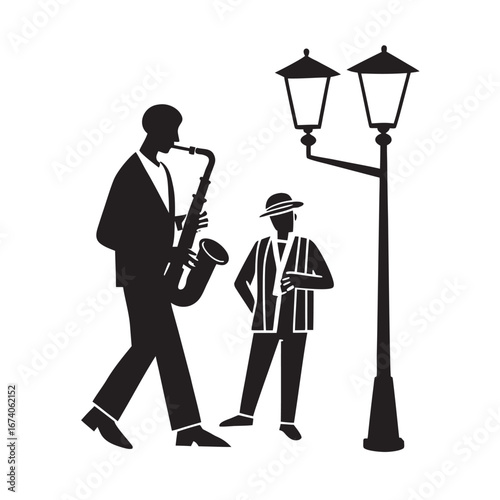 Saxophone Player Performing Under Streetlight City Silhouette Vector