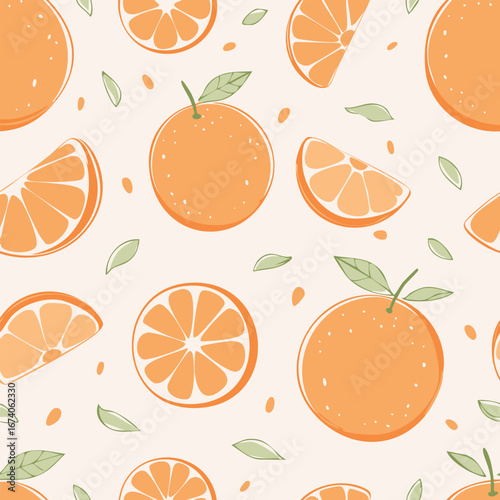 Seamless pattern with fresh oranges and green leaves on a light background. Cute, bright and fruity design perfect for textiles, packaging, wallpapers, and summer decor