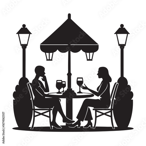 Friends Sitting At Outdoor Cafe City Life Silhouette Illustration