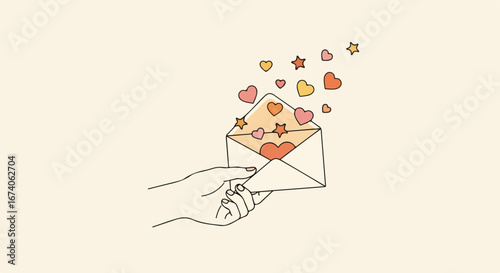 Hand holding an envelope with hearts and stars floating above. World Post Day, copy space