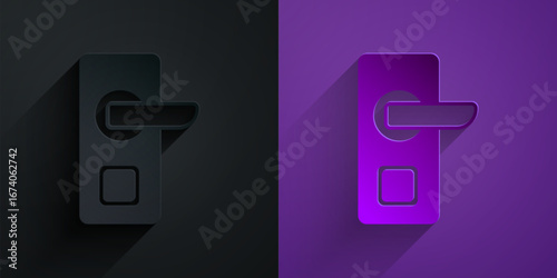 Paper cut Digital door lock with wireless technology for unlock icon isolated on black on purple background. Door handle sign. Security smart home. Paper art style. Vector