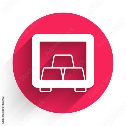 White Safe with gold bars icon isolated with long shadow background. Precious metals on deposit in bank. Metallic treasury. Reliable data protection. Red circle button. Vector
