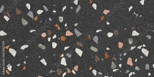 Black terrazo texture. Colorful mosaic stones, granite background