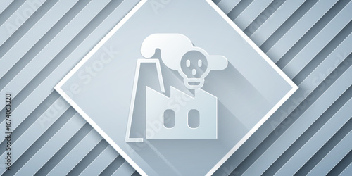Paper cut Smoke from factory icon isolated on grey background. Environmental pollution problem, smoke pipes of factory, ecology industrial harm. Paper art style. Vector