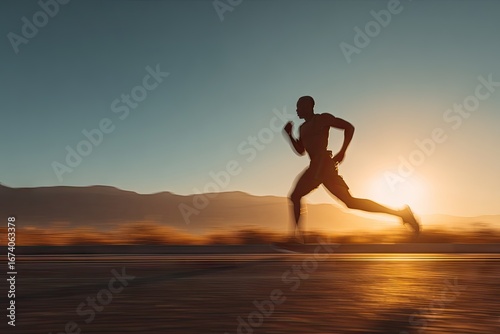 Silhouette runner sprints at sunrise
