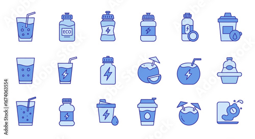 Flat vector illustration of energy drinks, water bottles, protein shaker cups, coconut drinks, and hydration icons. Perfect for fitness apps, sports branding, nutrition infographics, gym posters, heal