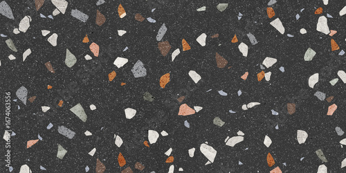 Black terrazo texture. Colorful mosaic stones, granite background