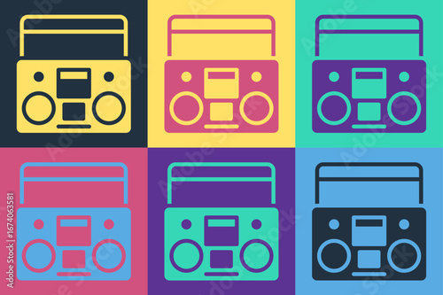 Pop art Home stereo with two speakers icon isolated on color background. Music system. Vector
