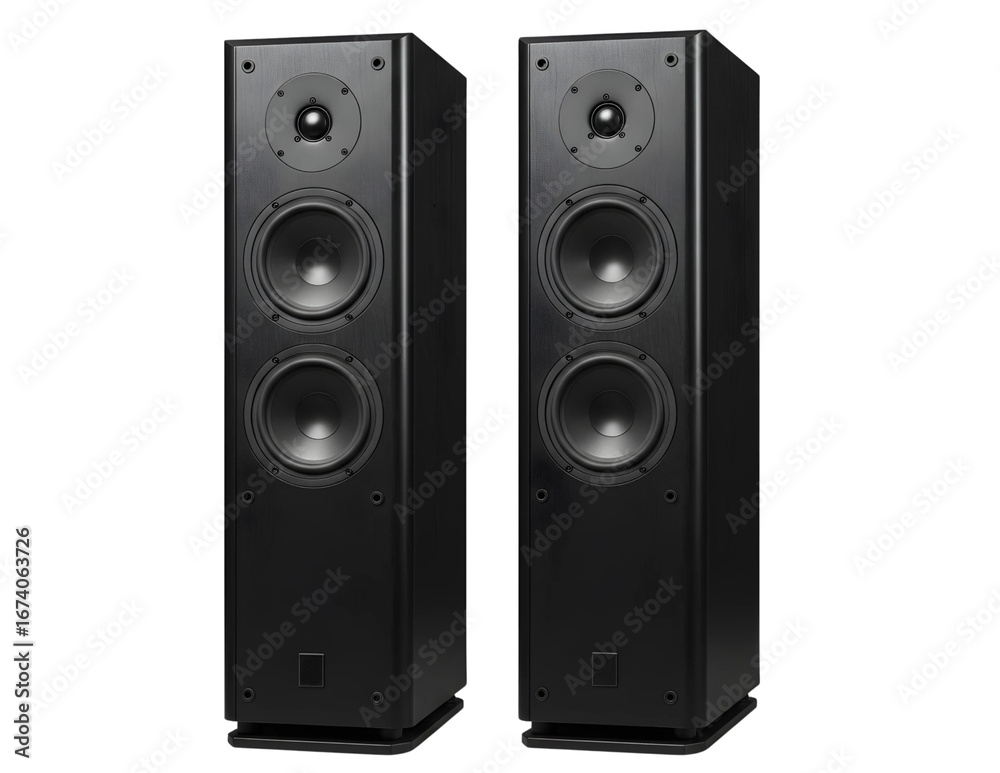 Naklejka premium Pair of tall black tower speakers isolated on transparent background