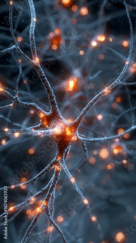 Glowing neuron network with magnesium crystals pulsing at synaptic junctions.
