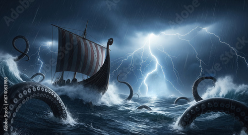 A boat fights a giant sea monster.