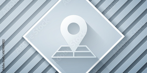 Paper cut Folded map with location marker icon isolated on grey background. Paper art style. Vector