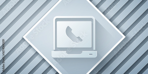 Paper cut Telephone 24 hours support icon isolated on grey background. All-day customer support call-center. Full time call services. Paper art style. Vector